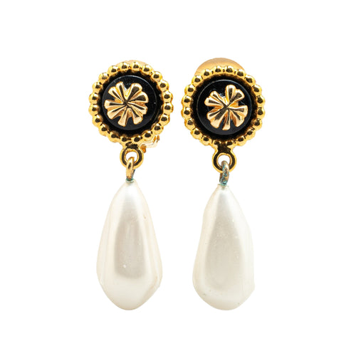 Gold Chanel Gold Plated Clover Faux Pearl Drop Earrings