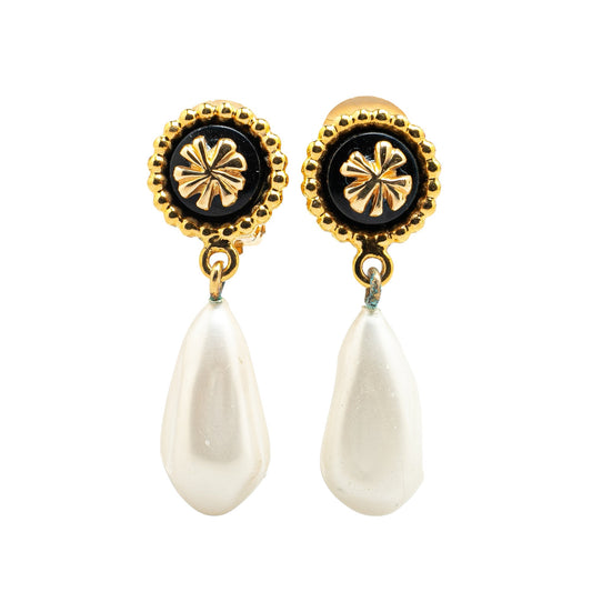 Gold Chanel Gold Plated Clover Faux Pearl Drop Earrings