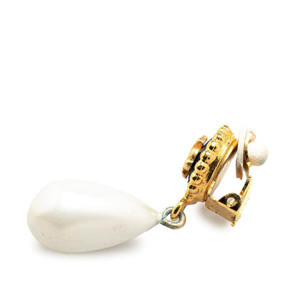 Gold Chanel Gold Plated Clover Faux Pearl Drop Earrings