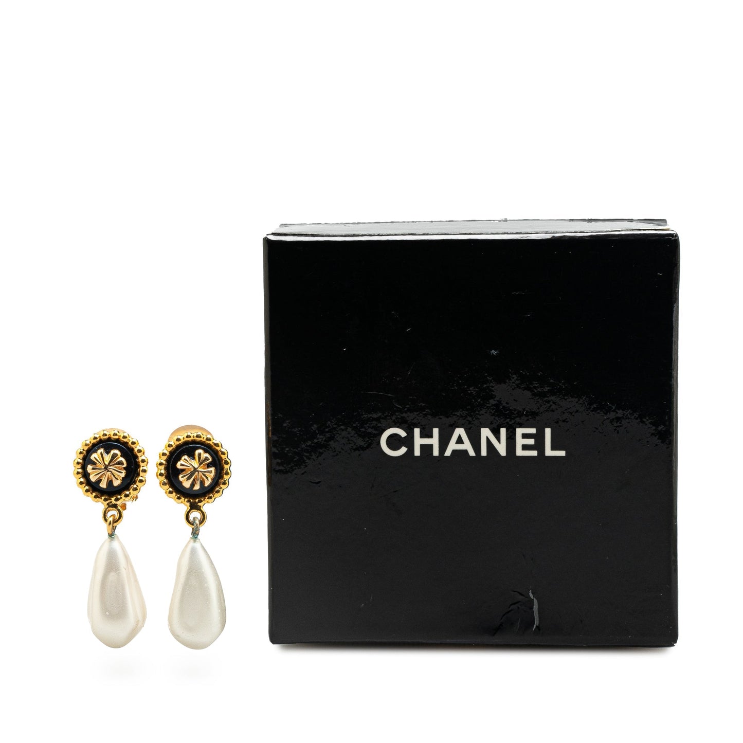 Gold Chanel Gold Plated Clover Faux Pearl Drop Earrings