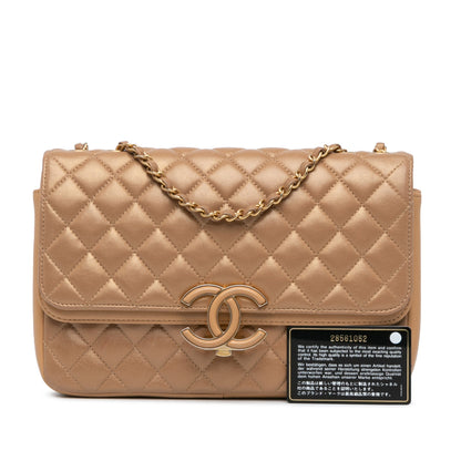 Brown Chanel Medium Quilted Metallic Lambskin CC Chic Double Flap Shoulder Bag