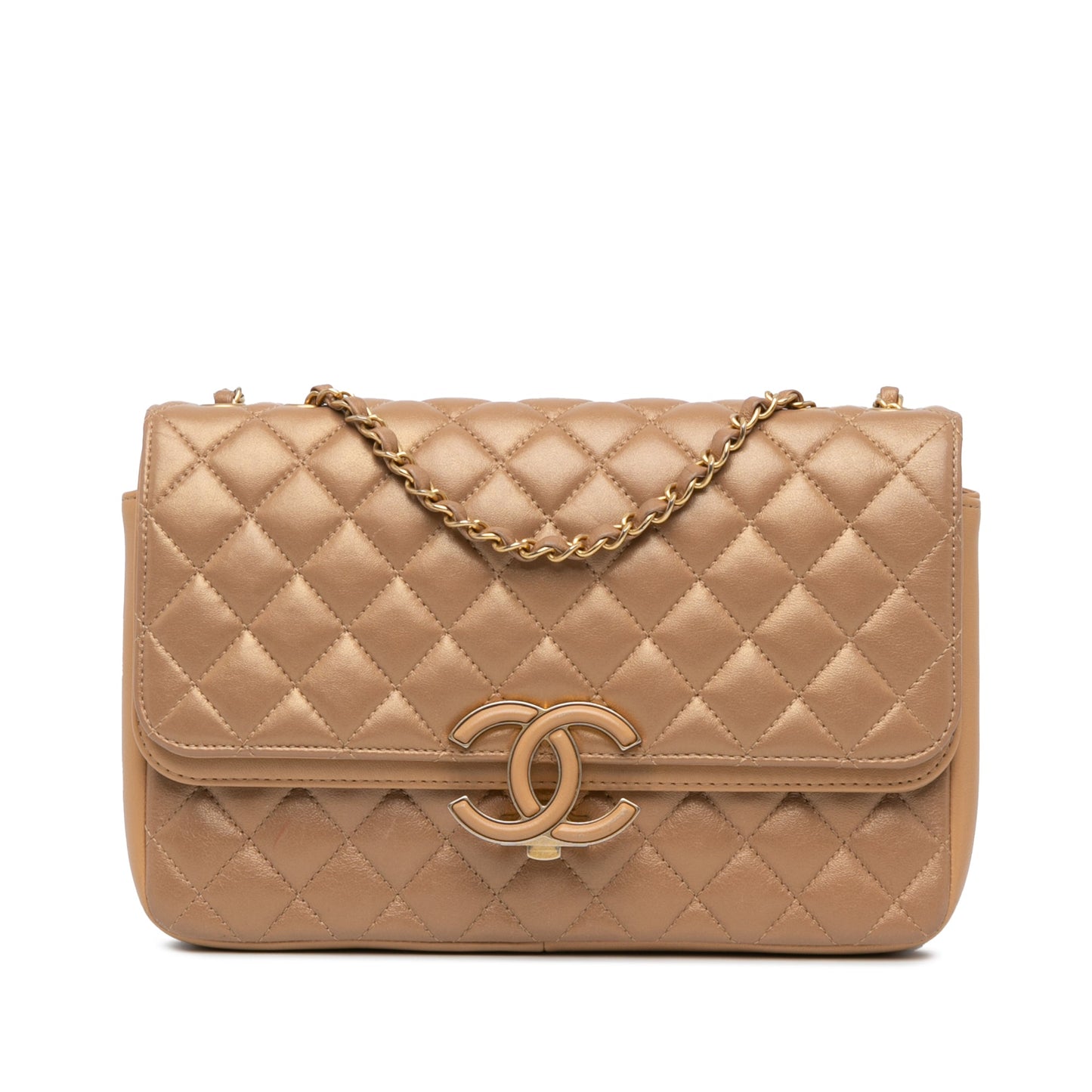 Brown Chanel Medium Quilted Metallic Lambskin CC Chic Double Flap Shoulder Bag