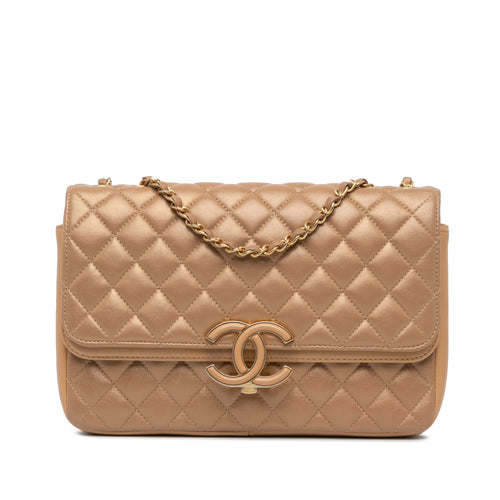 Brown Chanel Medium Quilted Metallic Lambskin CC Chic Double Flap Shoulder Bag