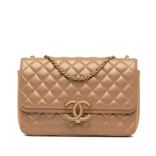 Brown Chanel Medium Quilted Metallic Lambskin CC Chic Double Flap Shoulder Bag