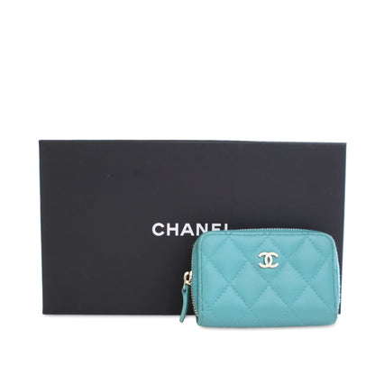 Blue Chanel CC Quilted Caviar Zip Coin Purse Small Wallets