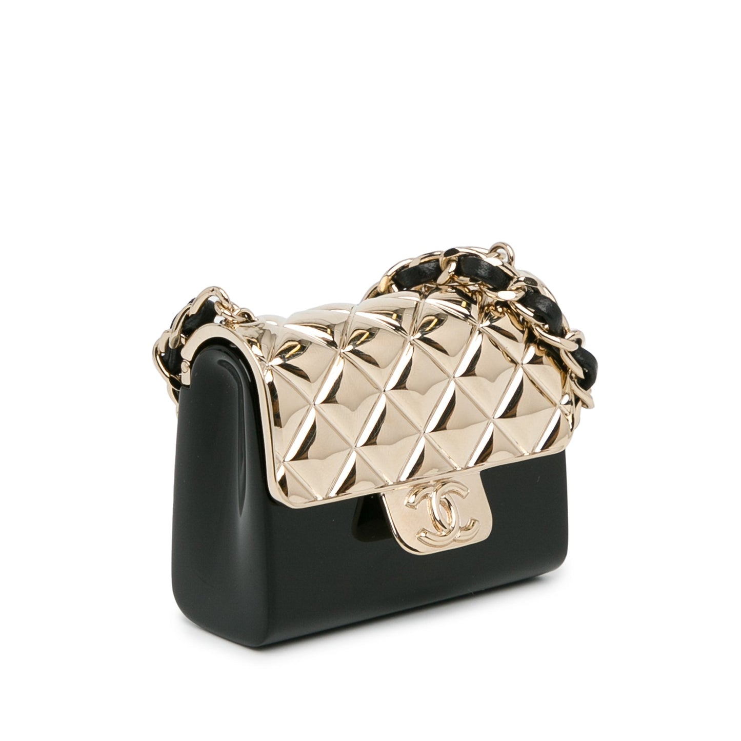 Black Chanel Metal And Resin Chain Flap Pendant Necklace