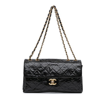 Black Chanel Jumbo Quilted Glazed Calfskin Clams Pocket Flap Shoulder Bag