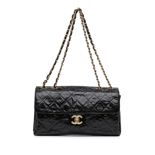 Black Chanel Jumbo Quilted Glazed Calfskin Clams Pocket Flap Shoulder Bag