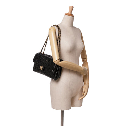 Black Chanel Jumbo Quilted Glazed Calfskin Clams Pocket Flap Shoulder Bag