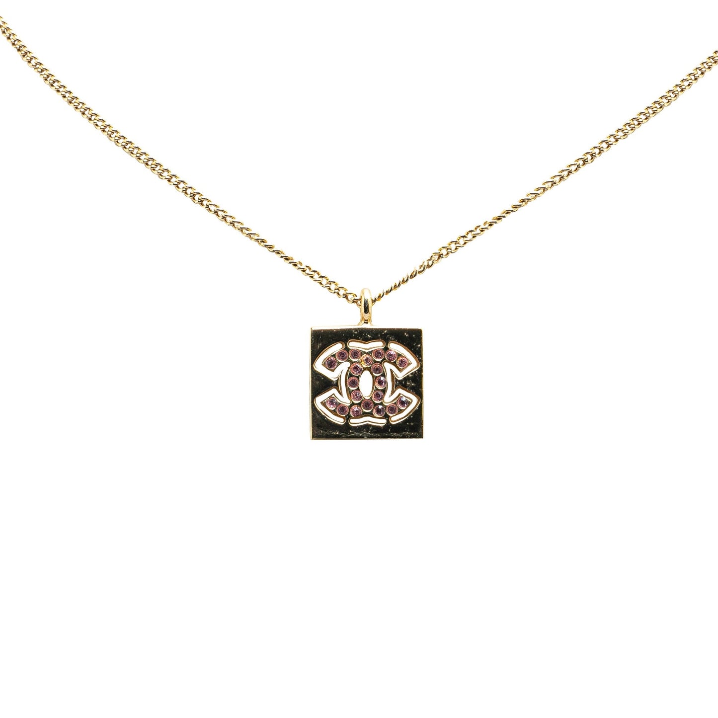 Gold Chanel Gold Plated Rhinestone CC Square Pendant Necklace