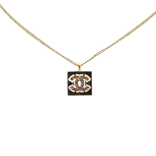 Gold Chanel Gold Plated Rhinestone CC Square Pendant Necklace