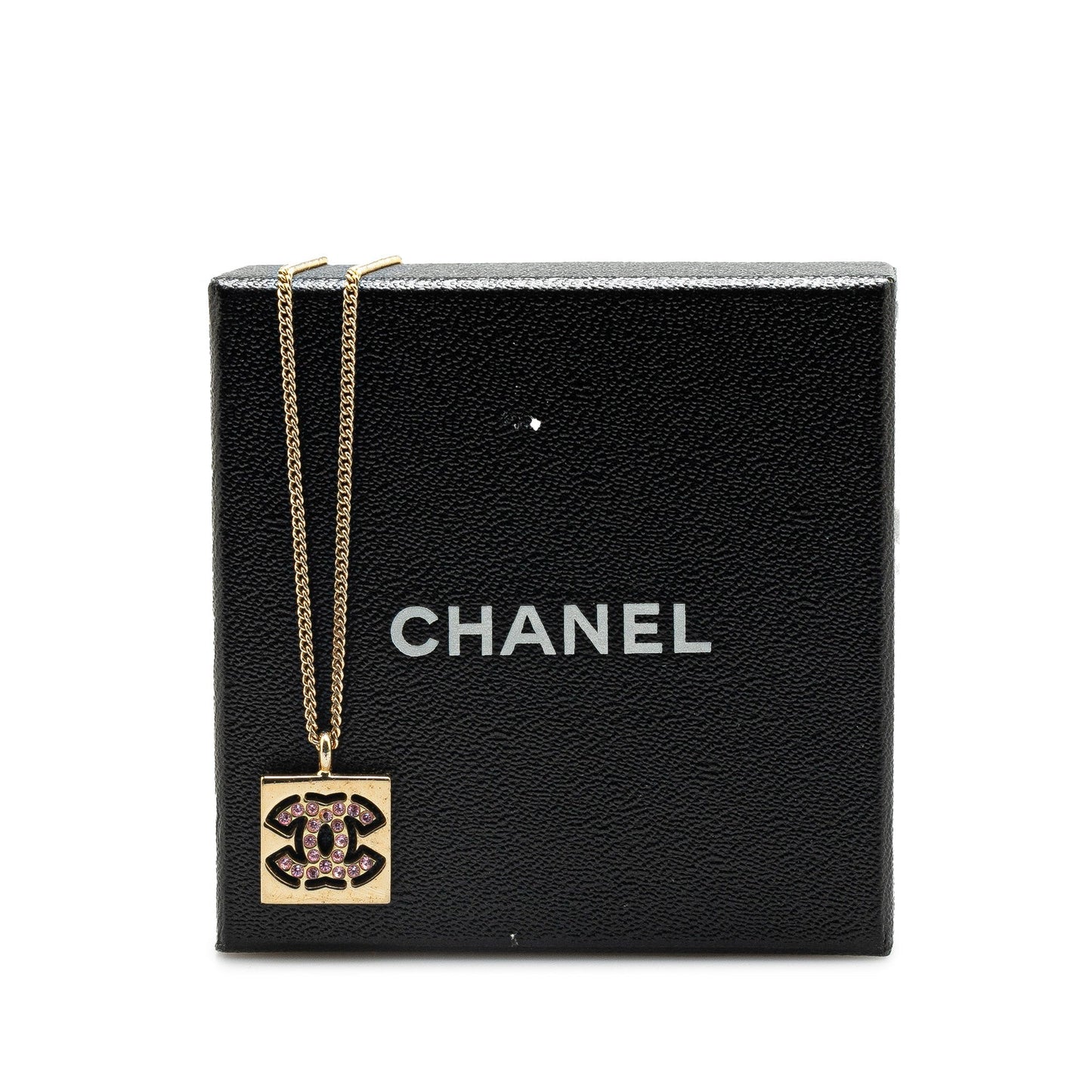 Gold Chanel Gold Plated Rhinestone CC Square Pendant Necklace