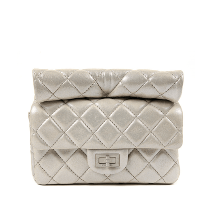 Chanel Silver Gold Leather Roll Handle Reissue Clutch