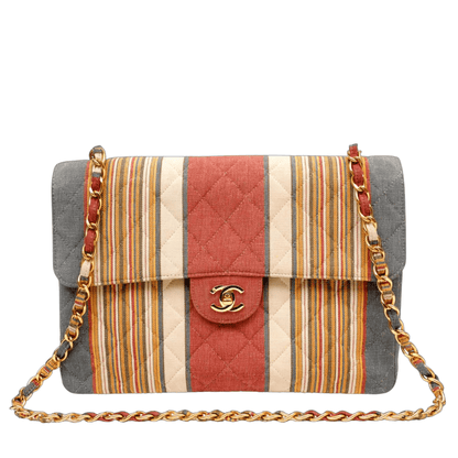 Chanel Striped Pique Cloth Maxi Classic w/ Gold Hardware