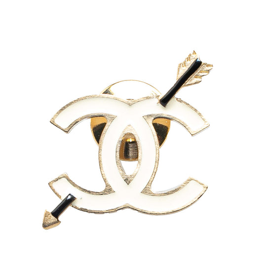 Gold Chanel Gold Plated Enamel CC Cupids Bow Brooch