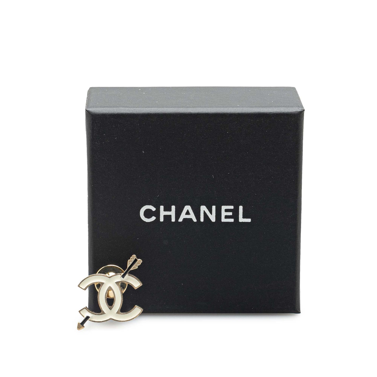 Gold Chanel Gold Plated Enamel CC Cupids Bow Brooch