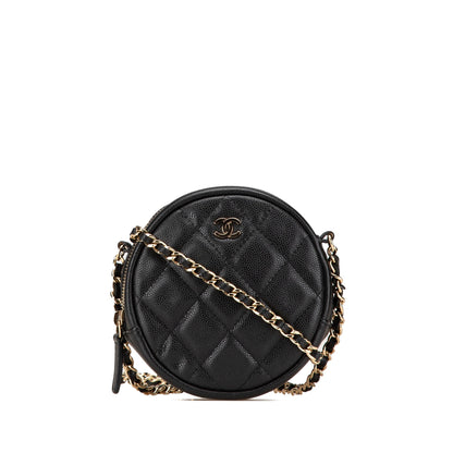 Black Chanel CC Quilted Caviar Round Clutch With Chain Crossbody Bag
