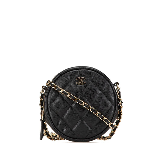 Black Chanel CC Quilted Caviar Round Clutch With Chain Crossbody Bag