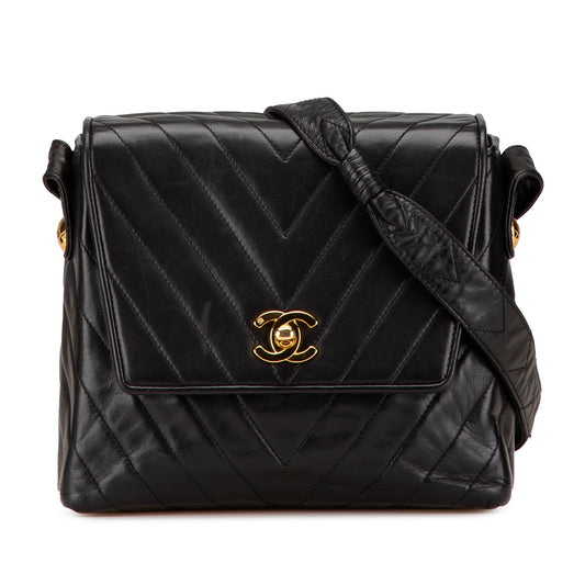Black Chanel CC Chevron Lambskin Flap Crossbody Bag