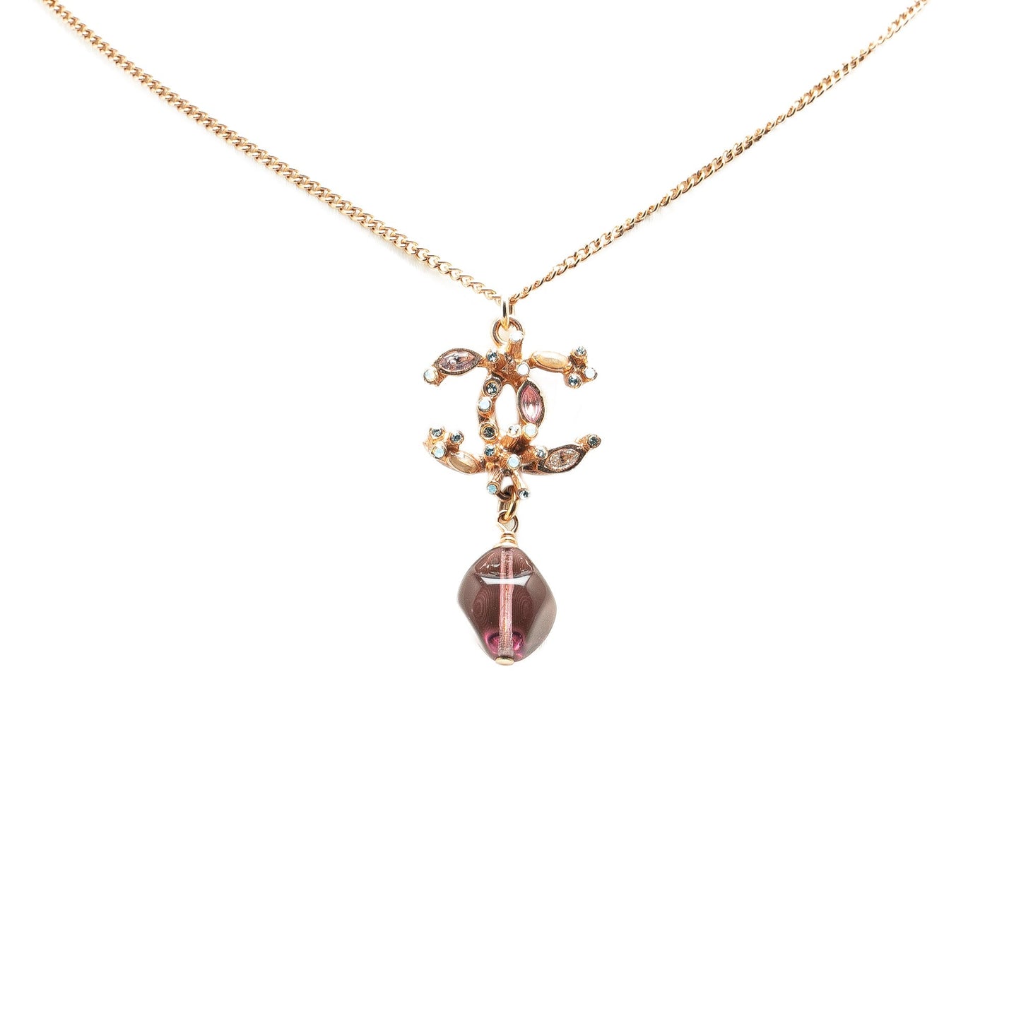 Gold Chanel Gold Plated CC Crystal and Amethyst Pendant Necklace