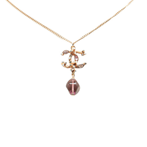 Gold Chanel Gold Plated CC Crystal and Amethyst Pendant Necklace