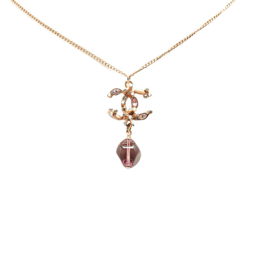 Gold Chanel Gold Plated CC Crystal and Amethyst Pendant Necklace