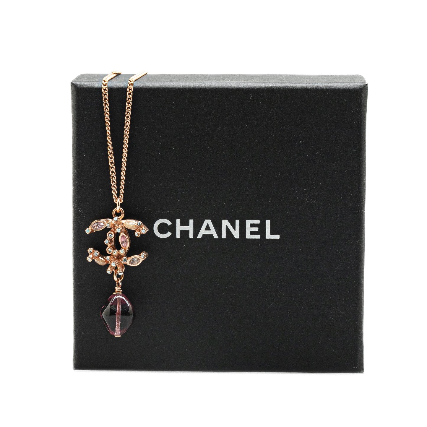 Gold Chanel Gold Plated CC Crystal and Amethyst Pendant Necklace