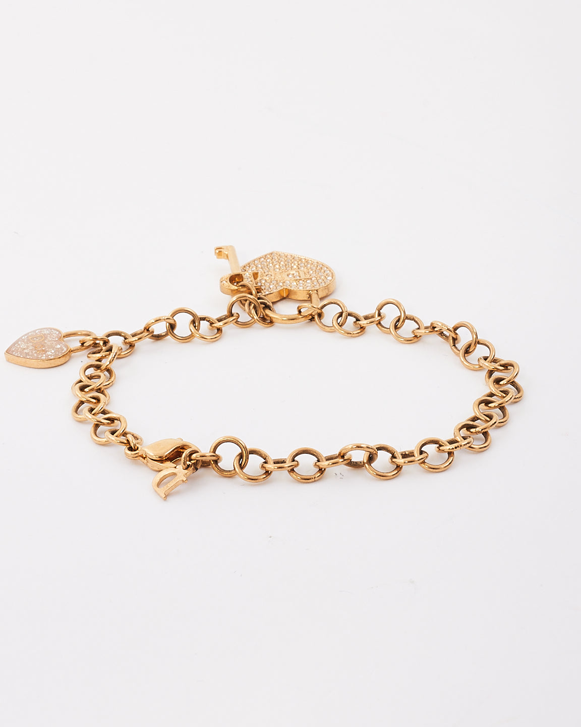 Dior Gold Tone Metal Crystal Heart & Key Charm Bracelet
