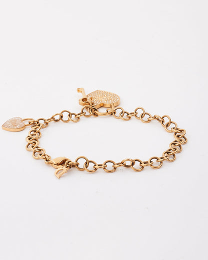 Dior Gold Tone Metal Crystal Heart & Key Charm Bracelet