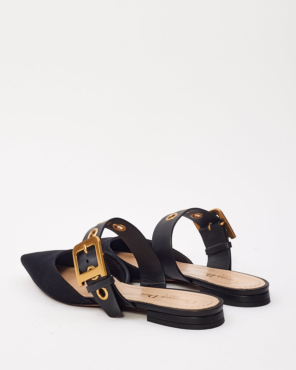 Dior Black Fabric D Buckle Point Toe Flats - 38