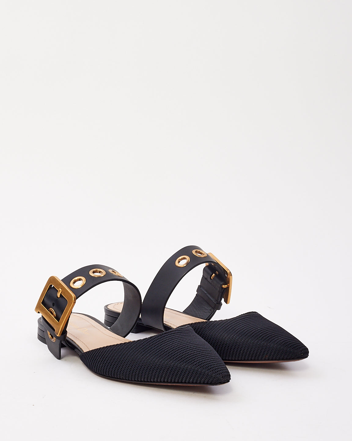 Dior Black Fabric D Buckle Point Toe Flats - 38