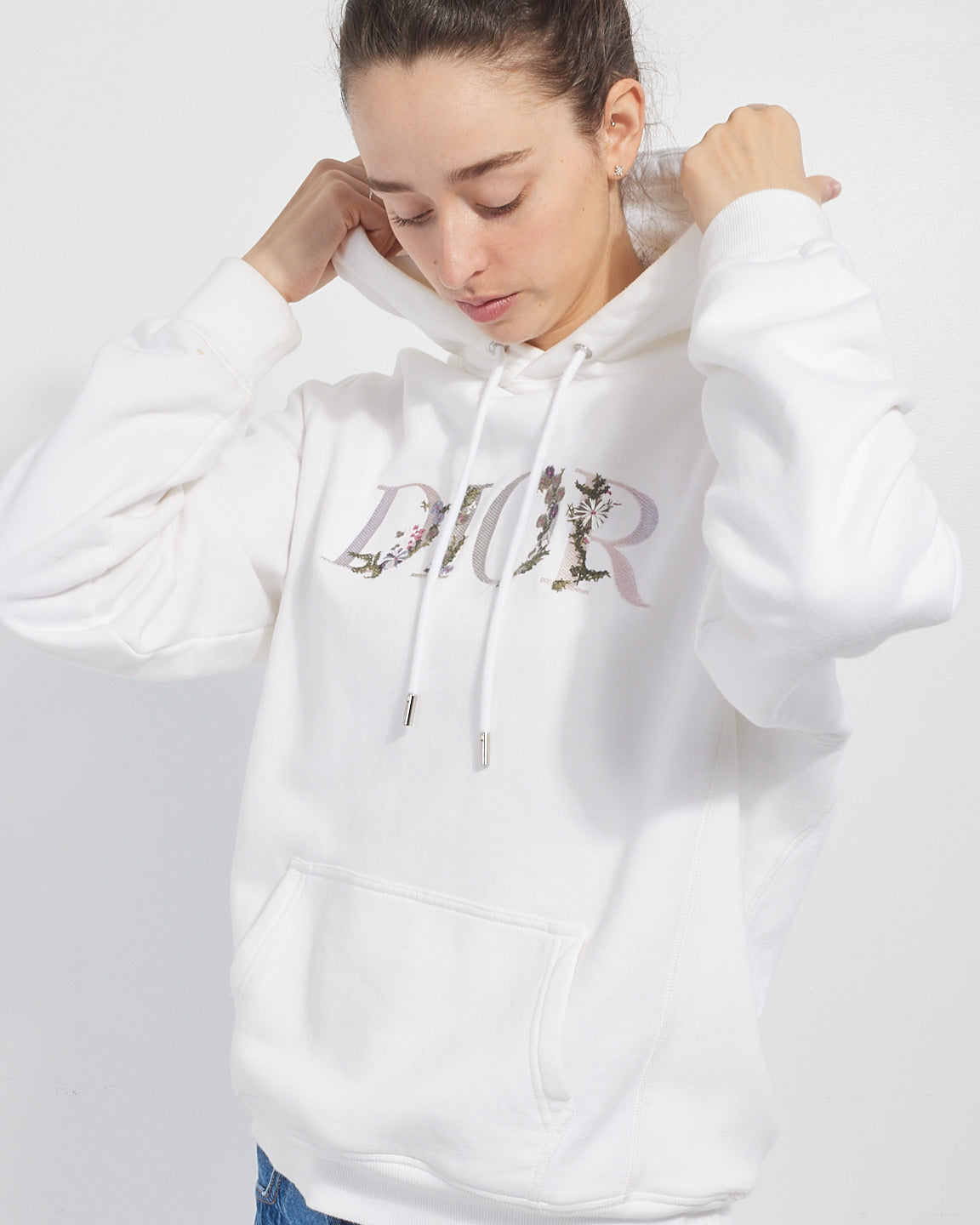Dior White Cotton Floral Logo Hoodie - S/M
