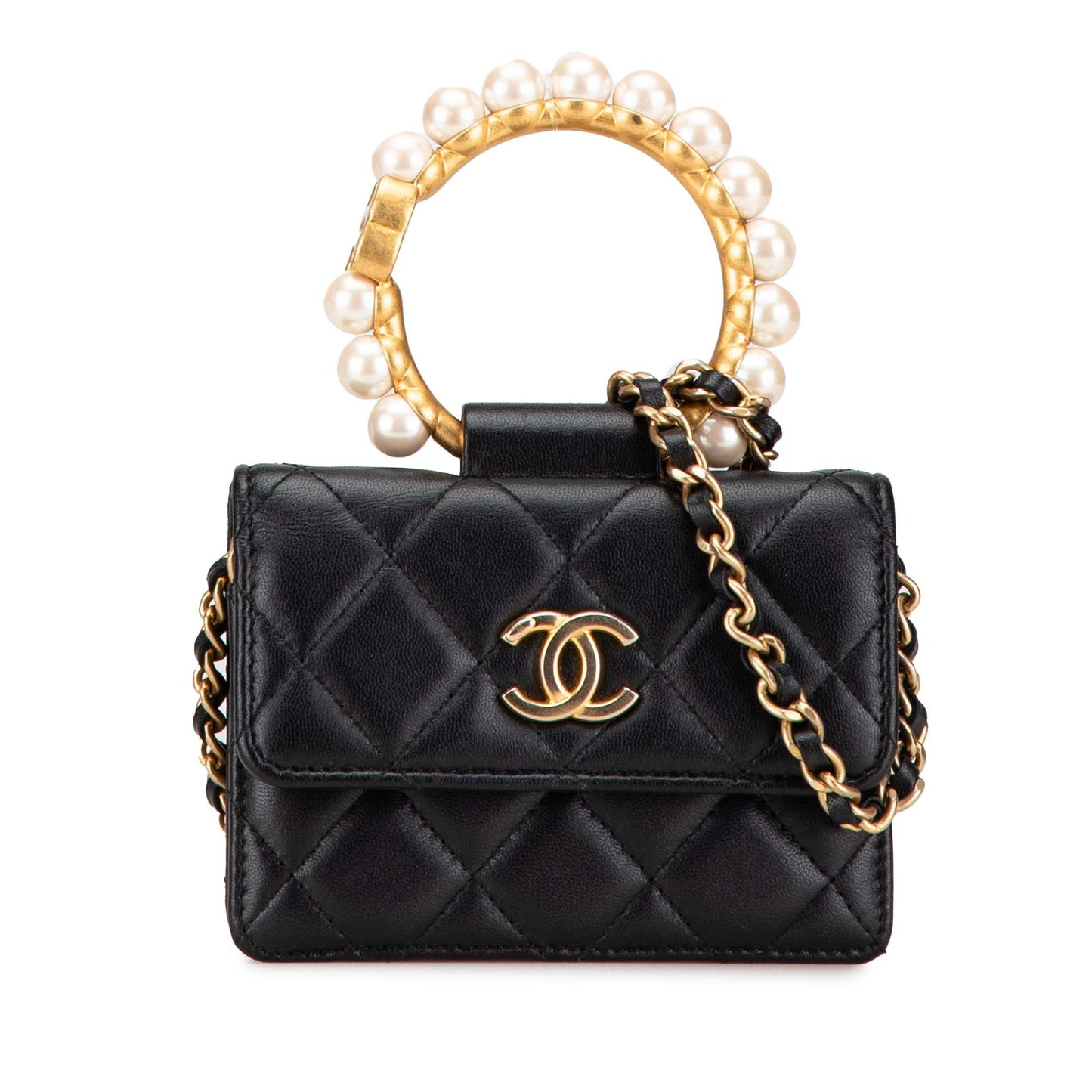 Black Chanel Quilted Lambskin Pearl Crown Clutch On Chain Satchel