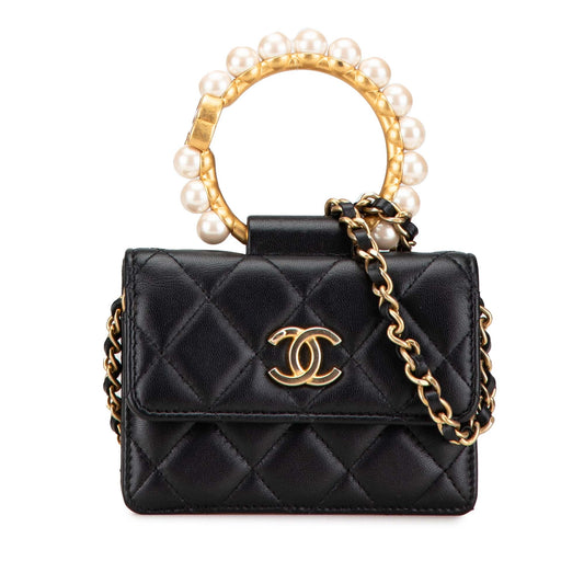 Black Chanel Quilted Lambskin Pearl Crown Clutch On Chain Satchel