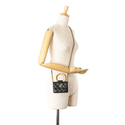 Black Chanel Quilted Lambskin Pearl Crown Clutch On Chain Satchel