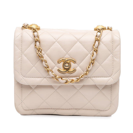 Brown Chanel Small Lambskin Button On Top Flap Crossbody Bag