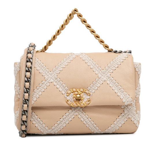 Beige Chanel Medium Crochet and Calfskin 19 Flap Bag Satchel