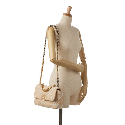 Beige Chanel Medium Crochet and Calfskin 19 Flap Bag Satchel