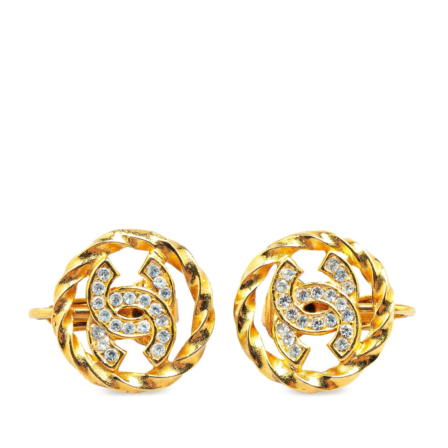 Gold Chanel Gold Plated Rhinestone CC Clip On Earrings