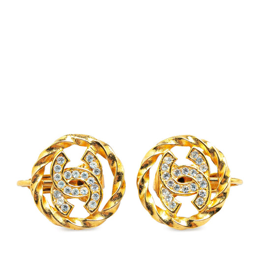 Gold Chanel Gold Plated Rhinestone CC Clip On Earrings