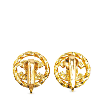 Gold Chanel Gold Plated Rhinestone CC Clip On Earrings