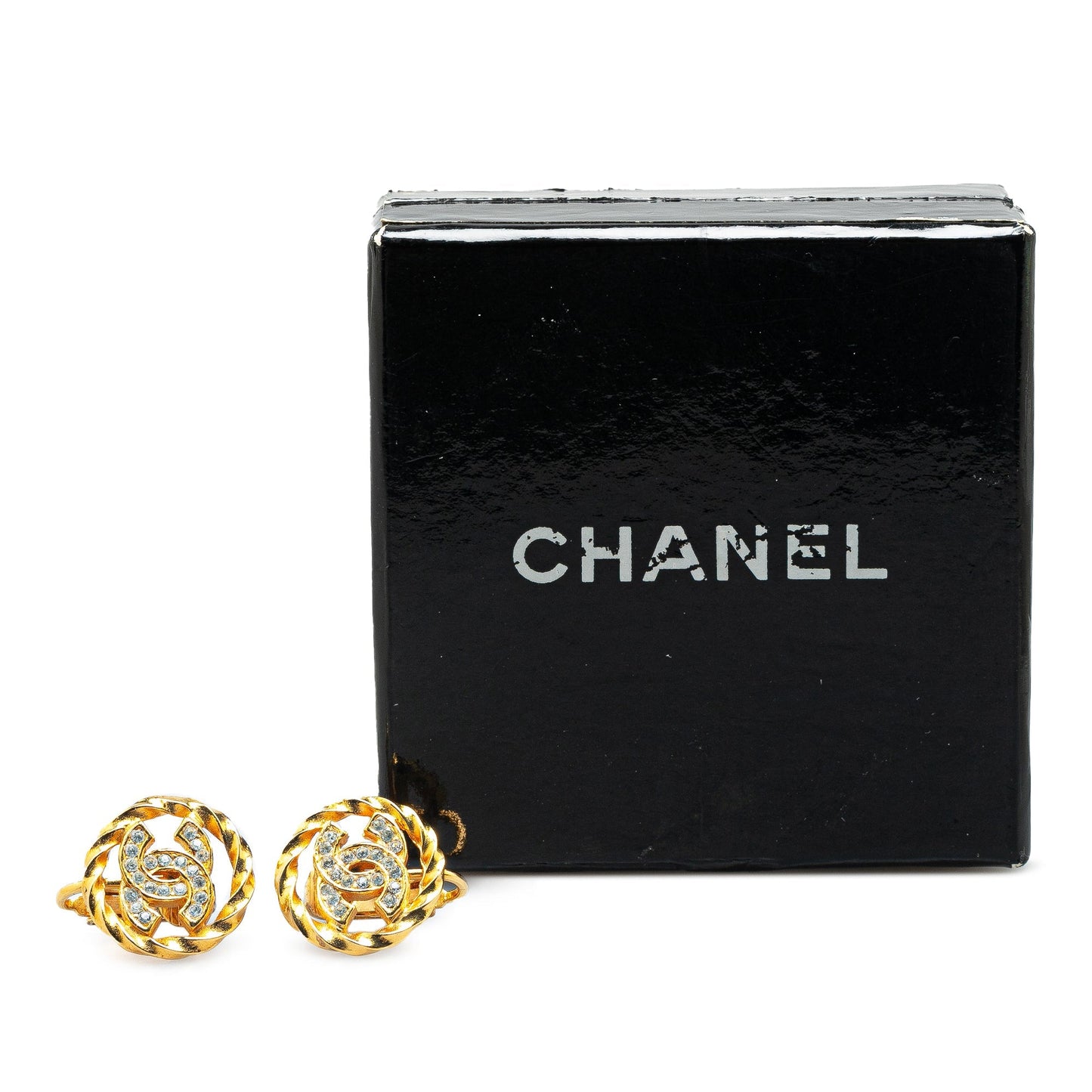 Gold Chanel Gold Plated Rhinestone CC Clip On Earrings