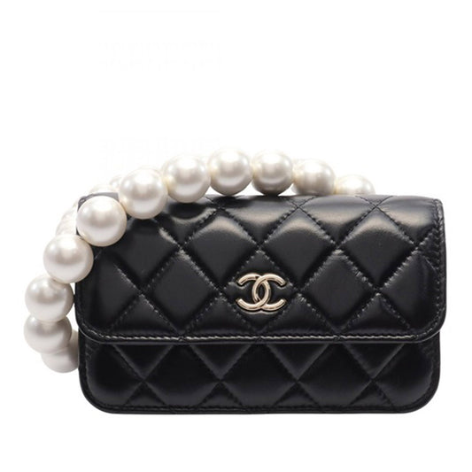 Black Chanel Quilted Calfskin Maxi Pearls Clutch With Chain Crossbody Bag