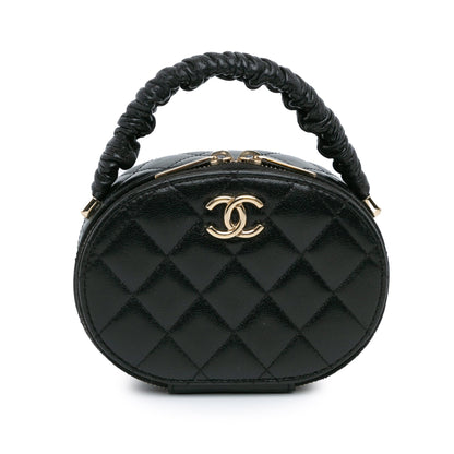 Black Chanel CC Quilted Lambskin Oval Top Handle Clutch Handbag