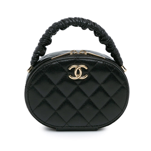 Black Chanel CC Quilted Lambskin Oval Top Handle Clutch Handbag
