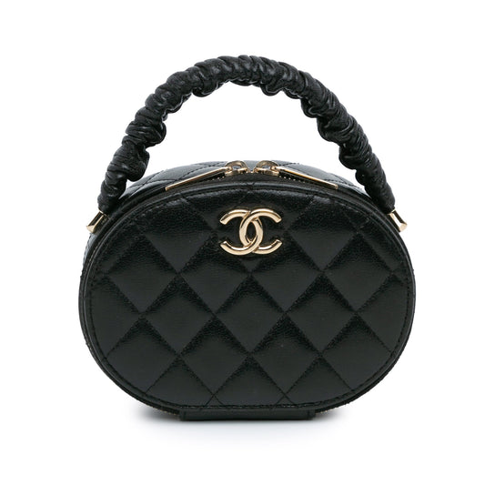 Black Chanel CC Quilted Lambskin Oval Top Handle Clutch Handbag