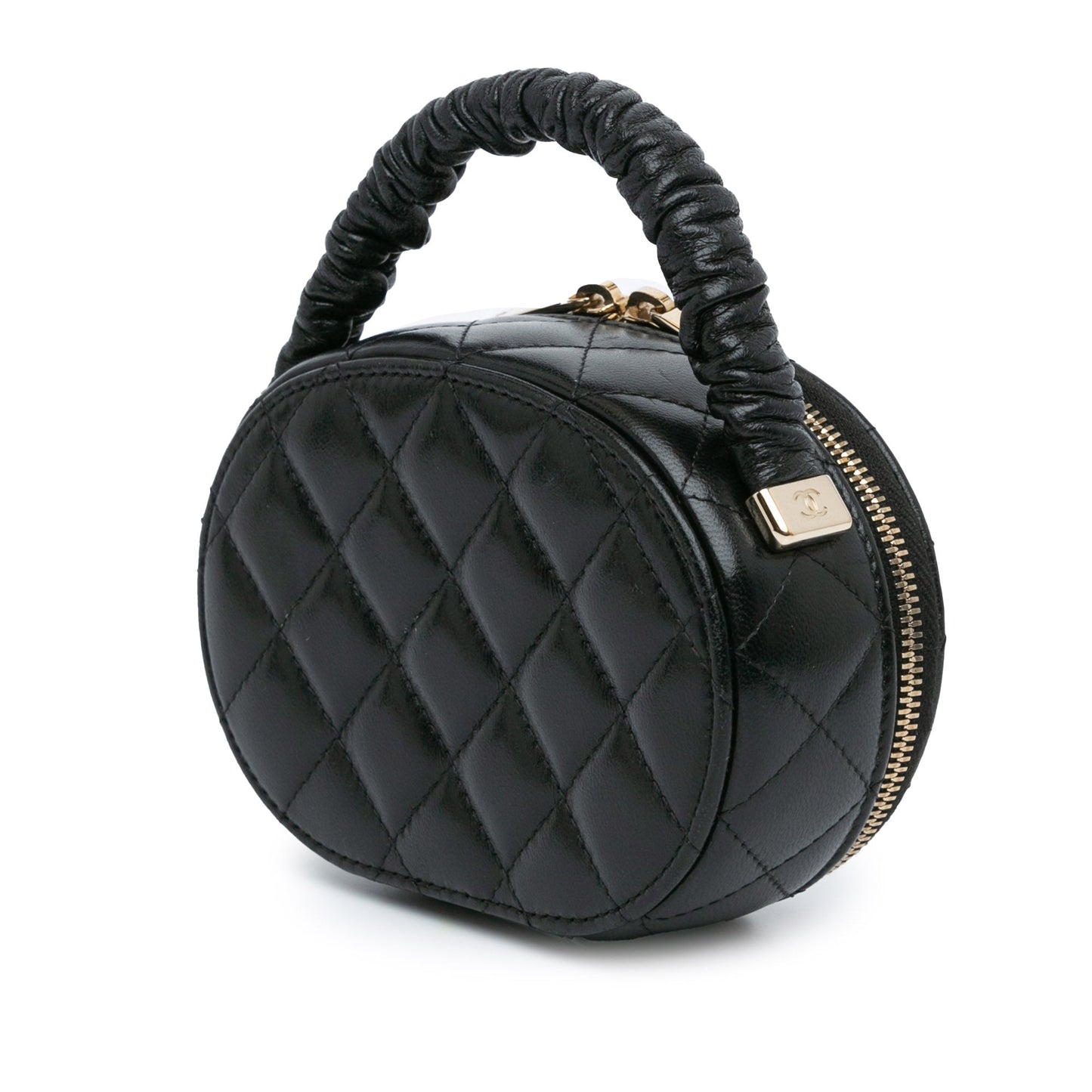 Black Chanel CC Quilted Lambskin Oval Top Handle Clutch Handbag