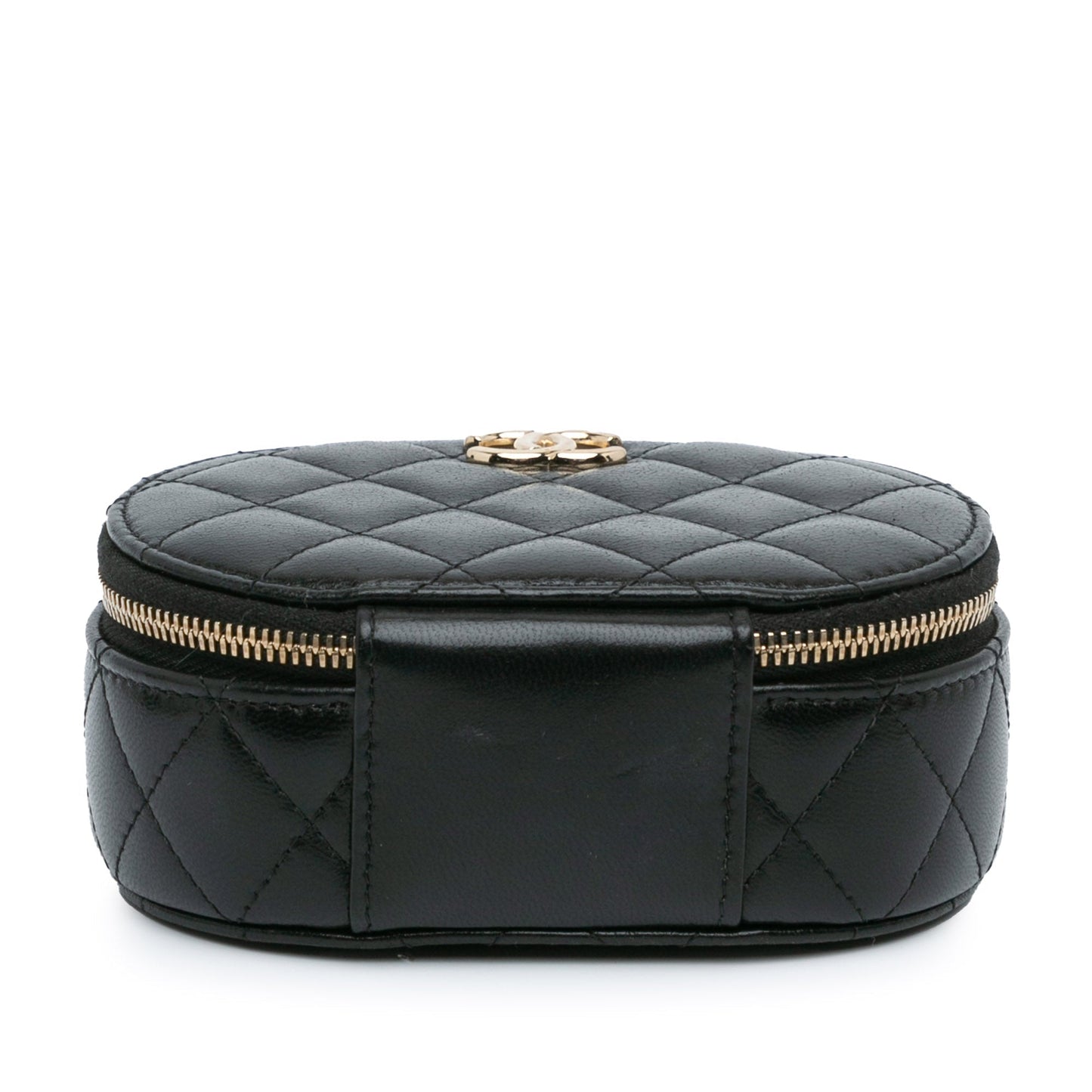 Black Chanel CC Quilted Lambskin Oval Top Handle Clutch Handbag