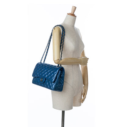 Blue Chanel Jumbo Classic Patent Double Flap Shoulder Bag