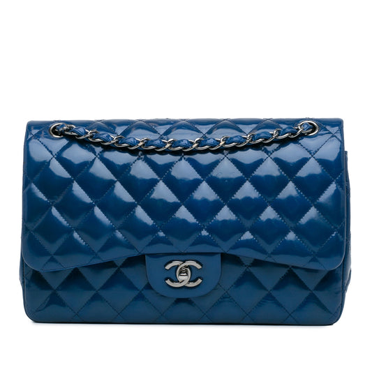 Blue Chanel Jumbo Classic Patent Double Flap Shoulder Bag